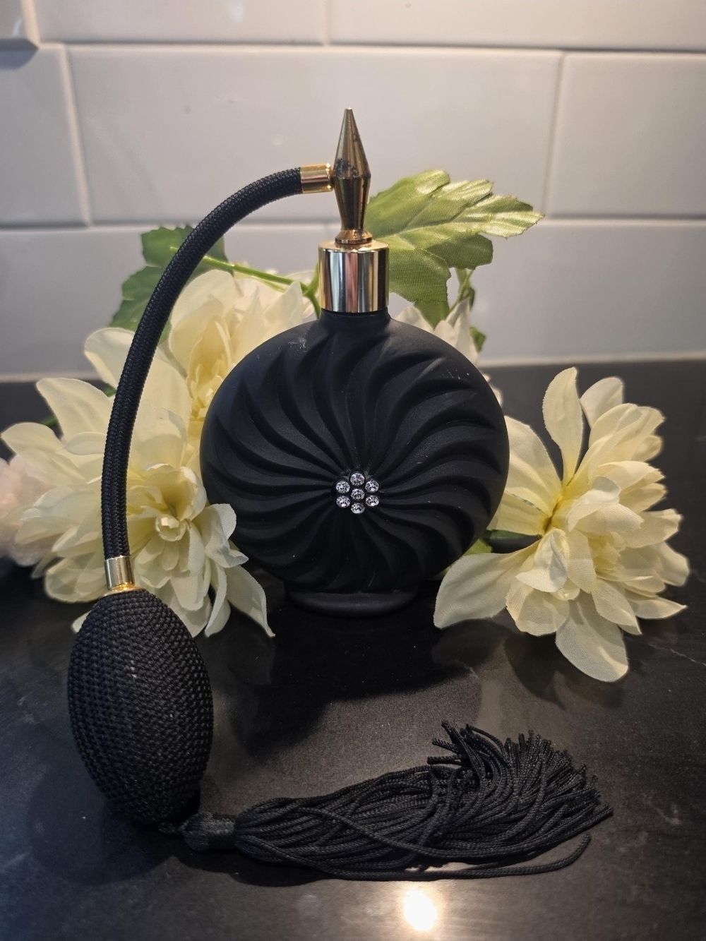 Vintage Black Matte Perfume Atomizer Art Deco Vanity Bottle